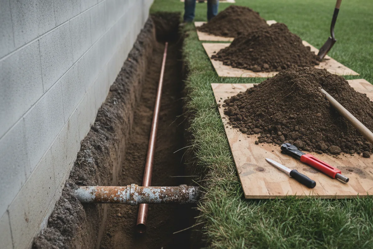 Excavated water line trench during Water Softener Installation in Morehead City